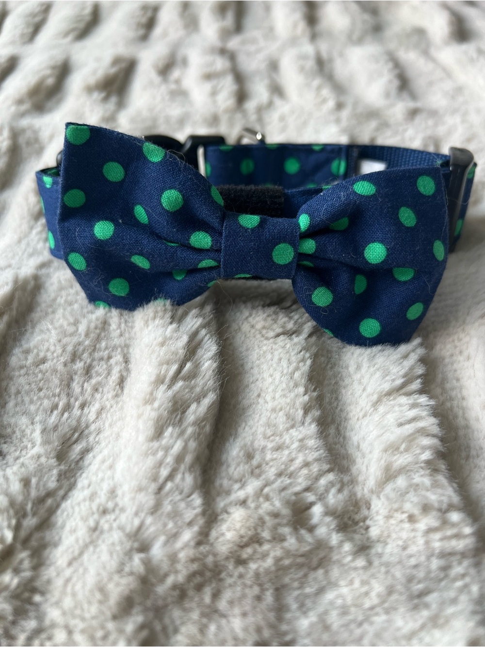Navy Blue Polka Dot Bow Tie Dog Collar - Green Dots